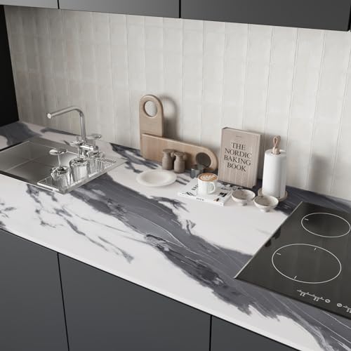 CRE8TIVE Silver Grey White Liquid Marble Contact Paper Peel and Stick Modern Marble Wallpaper Removable Self Adhesive Countertop Contact Paper Waterproof Vinyl Roll for Cabinets Tables Shelves 12"x80"
