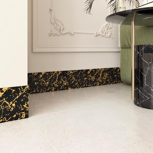 Wallercity Black/Gold Wallpaper Border Peel and Stick Removable Mirror Frame Border Matte Marble Wall Paper Bathroom Wallpaper Waterproof Borders for Walls Living Room Bedroom Restrooms 3.94x197 in