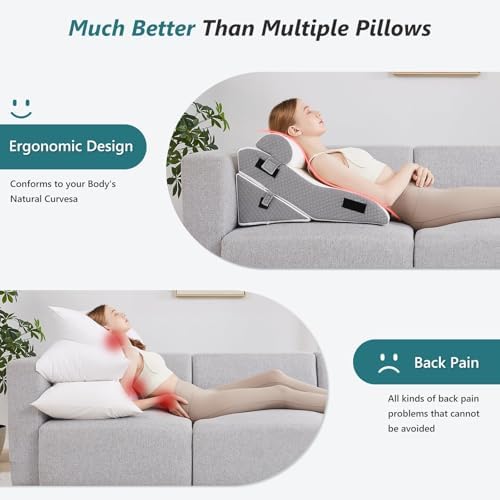 Bed Wedge Pillow Set for Sleeping 3 PCS - 16.5" Wide Triangle Pillow for Back Leg Pain Relief with Washable Cover - 35D Foam Wedge Pillow Post Surgery for Acid Reflux & Snoring (White Grey)