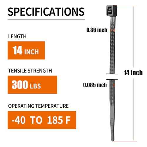 14 inch Black Large Zip Ties Heavy Duty (600 Pack), 2025 New Patented Design, 300 LBS Tensile Strength, Self-Locking Nylon PA66 Cable Ties for Indoor and Outdoor Use