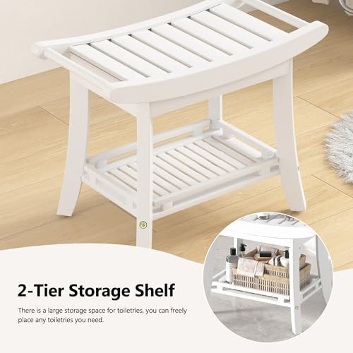 Bamboo Shower Bench Chair Bathroom Shower Stool Seat for Inside Shower Bathtub with Storage Shelf Shower Foot Rest for Shaving Legs 25.2 x 13 x 19.2 Inches White