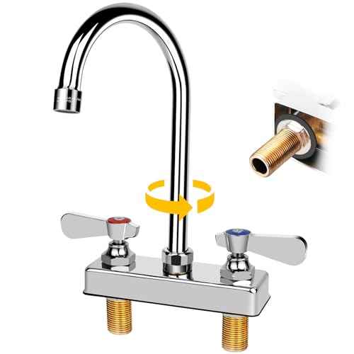 Commercial Bar Sink Faucet 4 Inch Center Deck Mount, 5-1/2" Gooseneck Swivel Spout Hand Sink Faucet with Ceramic Valve, 2 Hole Brass Constructed & Chrome Polished with Dual Lever Handles