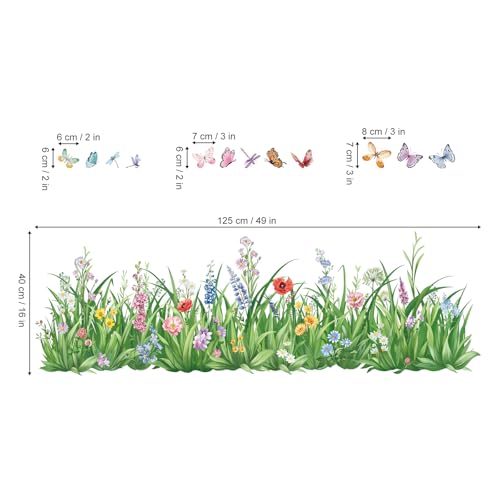 wondever Green Grass Wall Corner Stickers Flowers Butterflies Wildflower Baseboard Skirting Line Wall Decals for Bedroom Living Room