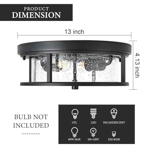 Black Ceiling Light Fixtures Flush Mount Light, 2 Bulb with Glass Flush Mount Ceiling Lights Fixture Bedroom, Indoor Outdoor Ceiling Lights for Porch Hallway Kitchen