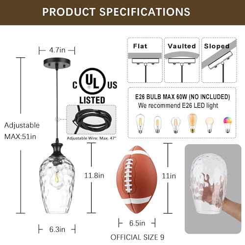 Glass Pendant Lights Kitchen Island, 1-Light Black Pendant Light Fixtures with Hand-Blown Clear Glass, Farmhouse Hanging Light for Kitchen Sink Dining Room Bedroom, E26