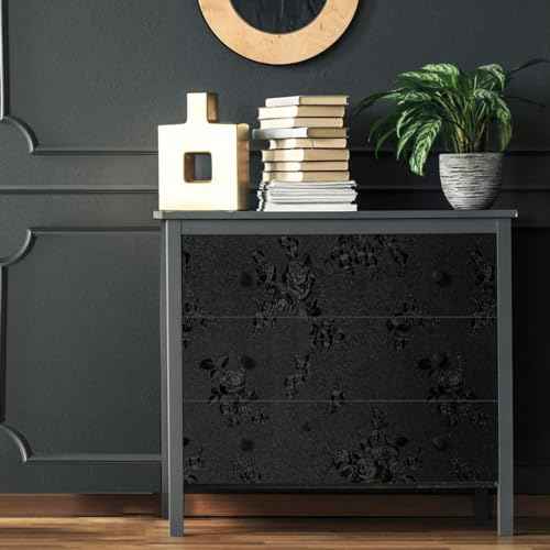 Black Peel and Stick Wallpaper Floral Black Wallpaper 17.7inch x 118.1inch Embossed Flower Contact Paper Peel and Stick Textured Self Adhesive Removable Wall Paper Floral Vinyl for Cabinets