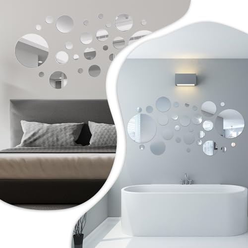 32 Pcs Acrylic Mirror Wall Stickers, Removable Wall Decal Mirror Set, Bathroom Wall Sticker Art, Circle Ceiling Mirrors for Bedroom, Home, Living Room, Sofa TV Background Decor (Medium)