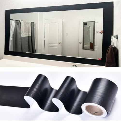 11Yard Peel&Stick Black Wood Grain Wallpaper Border Bathroom Mirror Frame Sticker Removable Waterproof Kitchen Wall Decor Tape (Black, 3.94Inch x 32.8Ft)
