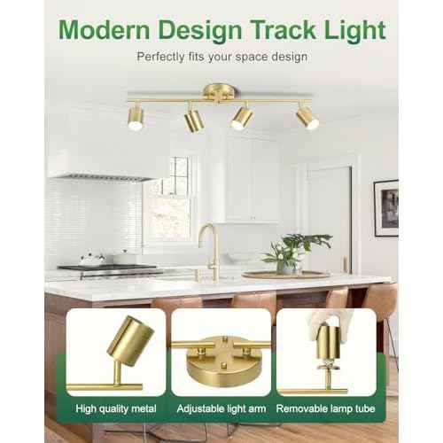 4 Ways Track Lighting, Rotatable Heads Tracks Light, Track Lightings Fixtures Ceiling with Foldable Arms, Brushed Gold Tracks Light for Kitchen, Living Room, Hallway(Bulbs Not Included)