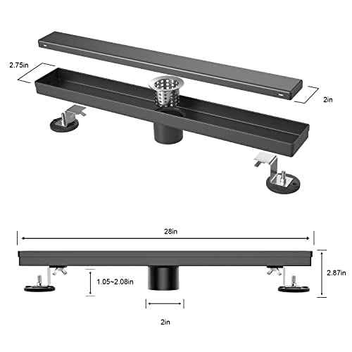 EXF Linear Shower Drain 28 Inch Matte Black with Reversible Flat & Tile Insert Cover, Stainless Steel Rectangle Shower Floor Drain with Hair Catcher, Adjustable Feet