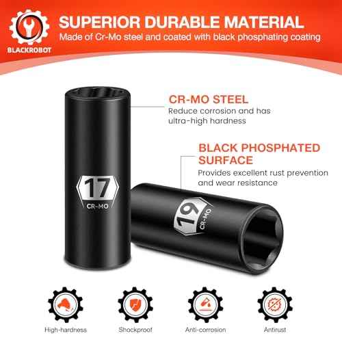 BLACKROBOT 5-Piece 1/2" Drive Lug Nut Removal Tool, 6 Point & Twist Lug Nut Extractor, Impact Flip Socket Set (17mm, 19mm, 21mm, 22mm) with 3" Extension Bar, CR-MO Steel