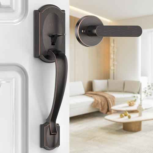 Front Door Handle No Lock, Entry Door Handle Exterior with Interior Reversible Handle Lever, Lower Half Grip, Single Cylinder, Door Handle Sets for Right Left Handed Door, Oil Rubbed Bronze