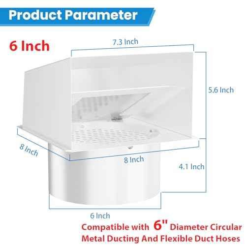 6" Metal Hooded Wall Vent with Screen and Damper, Exhaust Vent Cover Outside, Exterior Vent Cover for Dryer Vent Kitchen Range Hood Outdoor Air Exhaust (6 Inch-White)
