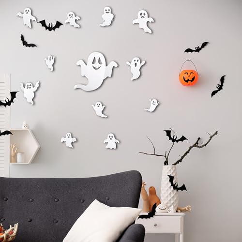 24Pcs Halloween Ghost Wall Decor 3D Stickers Decals Decorations Reusable Self-Adhesive Cute White Spooky Decals for Home Window Door Room Party Supplies