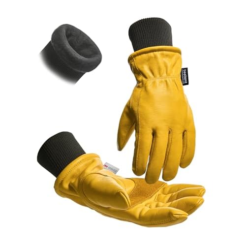 toolant Leather Winter Work Gloves for Men, 100% Grain Cowhide with Warm Thinsulate Lining, Water & Abrasion Resistance