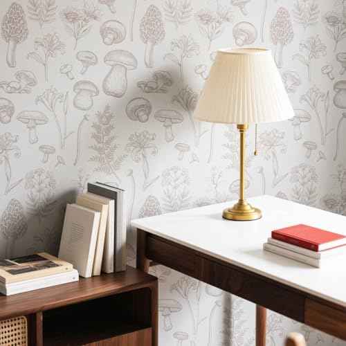 Mushroom Wallpaper, Floral Peel and Stick Wall Paper Removable Contact Paper for Bathroom Bedroom Cabinets, 17.3"¡¿78.7", Beige