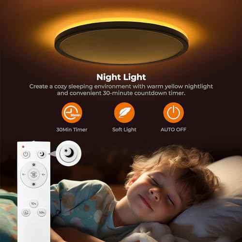 Matane 15.4in LED Flush Mount Ceiling Light Fixture with Remote, 2000K Warm Nightlight, Dimmable 3000K-6500K Low Profile Ceiling Lights for Bedroom, Living Room, 3600LM Black