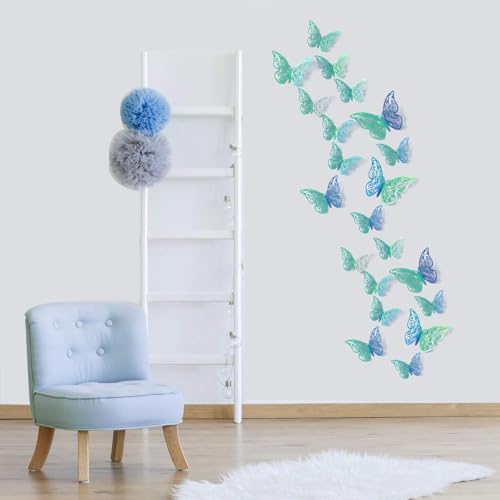 3D Blue Teal Butterfly Decorations Stickers,Butterfies Wall Art Wedding Decor Removable Wall Murals Decals for Living Room Babys Bedroom Birthday Party Butterfly Decoration Nursery Art Decor (48 Pcs)