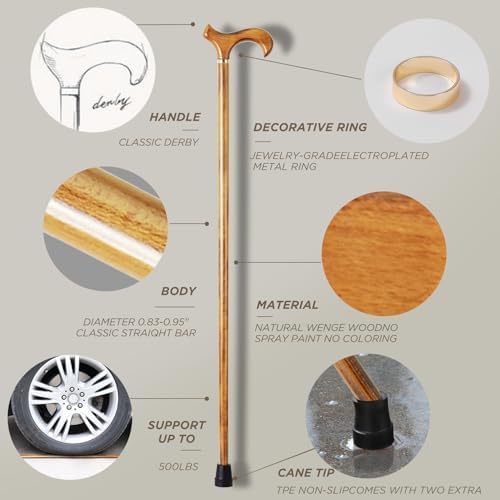 GUYUE Handmade Wooden Walking Cane for Men and Women Ergonomic Wood Cane for Seniors Better Rubber Tips - 37 Inches