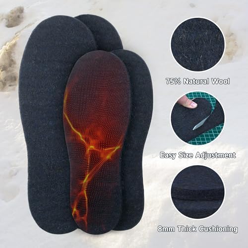 The Felt Store Wool Felt Insoles for Men and Women – 8mm Long-Lasting Shoe Inserts with Cushioning, Adjustable, Warm Wool Boot Insoles for Winter, 2 Pair