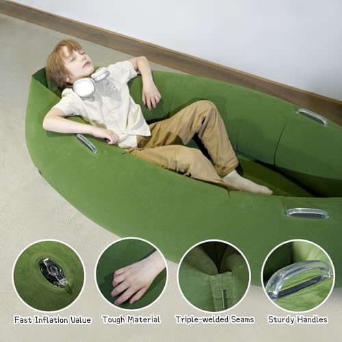 Sensory Peapod Chair for Kids, 60" Inflatable Pea Pod Chair Sensory Toys for Autistic Children, ADHD Sensory Canoe with Neck Pillow, Electric Air Pump, Green