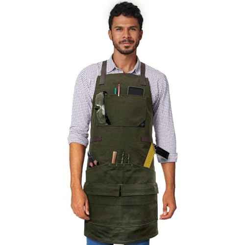 Under NY Sky Woodwork Apron - 12 pockets & loops, Waxed Canvas, Cross-Back, Leather Reinforcement - Carpenter, Mechanic, Workshop, Tool Aprons (Woodwork Green)