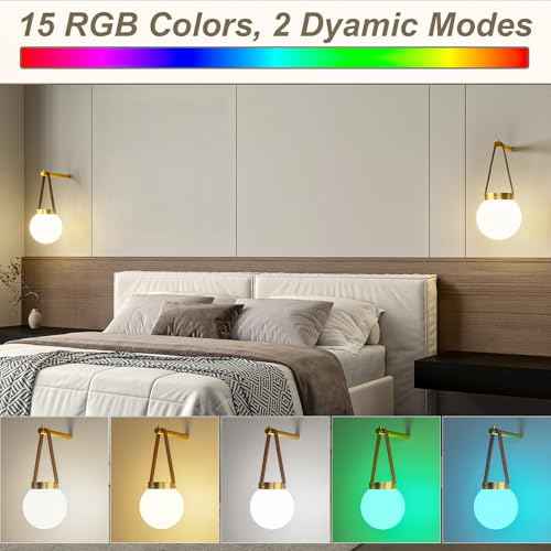 Battery Operated Wall Sconces Set of 2, Gold Wireless Globe Wall Lights with Remote Control Warm/Natural/Daylight/RGB 15 Colors Dimmable Rechargeable Wall Lamps Retro for Bedroom Living Room Hallway