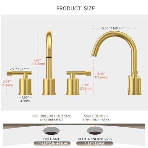 Phiestina Brushed Gold Bathroom Faucet Pull Down- 8 Inch Widespread 3-Hole with Pull-Out Sprayer,Lead-Free Stainless Steel,Metal Pop-Up Drain,Water Supply Lines,2 Handles,WFZY01CL-BG