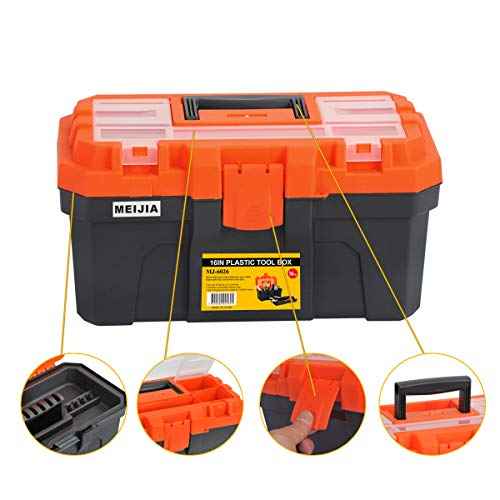 MEIJIA Portable Tool Storage Box, Organizers With Foldable Latches And Removable Tray(Black And Orange) (16"x9"x8")