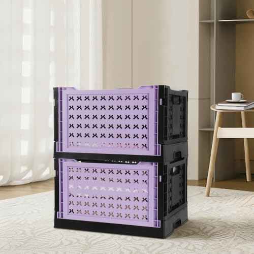 Stackable Plastic Closet Storage Basket, 2 Pack Foldable Closet Organizers and Storage Bins, Decorative Basket for Closet, Shelves, Laundry, Wardrobe Organizing (Purple Black)