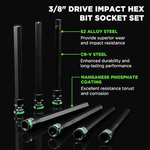 3/8" Drive Long Impact Hex Bit Socket Set, Allen Bit Sockets, 20PCS Allen Wrench Socket, SAE (1/8"-7/16¡±) and Metric (3MM-12MM), 6" Long CR-V & S2 Alloy Steel Hex Key Set