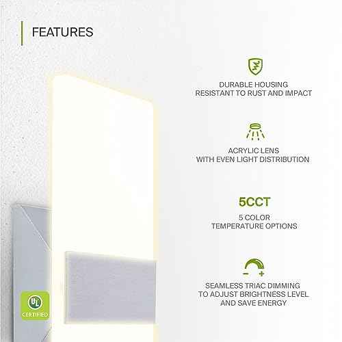 ASD 12 Inch LED Indoor Wall Sconce - Modern Interior 12W 2700K-5000K Adjustable Dimmable Wall Mounted Light Fixtures, Acrylic Glass Wall Lights for Stairway, Hallway - UL, Brushed Nickel, 2 Pack