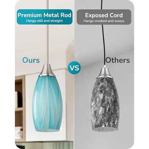 EDISHINE Pendant Lights Kitchen Island, Blue Handcrafted Art Glass Hanging Light, Blown Glass Pendant Light Fixtures Teal with Gold, Adjustable Brushed Nickel Rods, Hardwired Over Island Bar E26