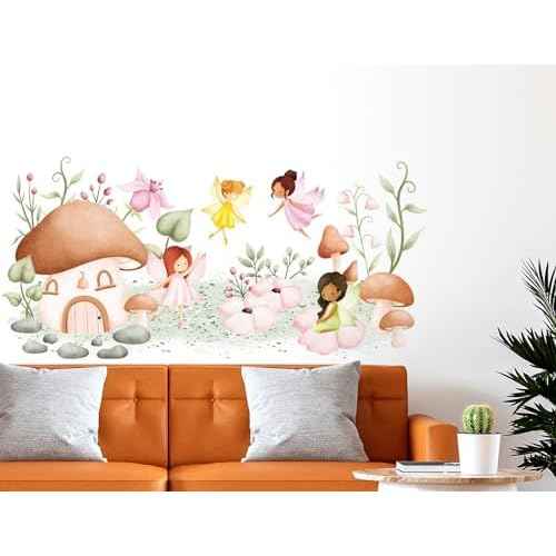 Woodland Mushroom Wall Decals Mushroom House Garden Wall Stickers Peel and Stick Fairy Floral Plants Wall Art for Girls Bedroom Baby Nursery Living Room Sofa TV Background Decor