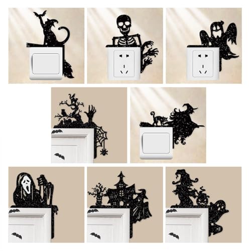 Removable 8 Pack Creative Halloween Switch Decal - Black Ghost Skeleton Witch Door Frame Wall Decorative Art Murals for Living Room Bedroom Bathroom Kitchen Light Switch Decor