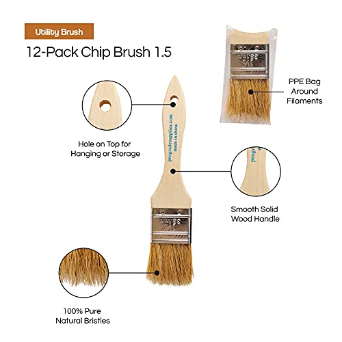 Vermeer Chip Paint Brushes - 12-Pack - 1.5" Chip Brushes for Paints, Stains, Varnishes, Glues, & Gesso - Home Improvement - Interior & Exterior Use