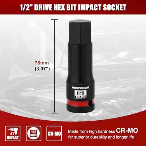 MIXPOWER 1/2" Drive 19mm Hex Impact Bit Socket, Allen Bit Socket, CR-MO Steel, Master Impact Hex Driver