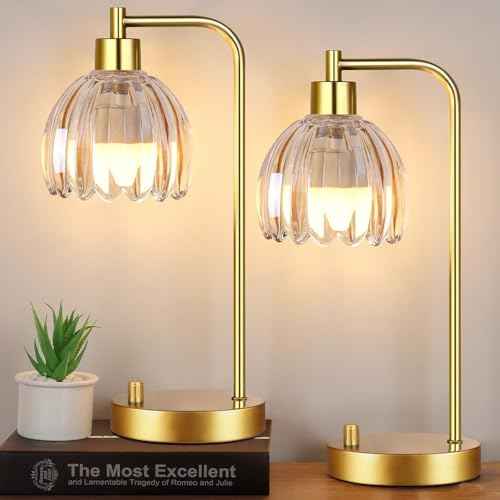 Glass Table Lamp Set of 2,Small Gold Bedside Lamps Dimmable Boho Bedroom Lamp with Tulip Flower Amber Lamp Shade,Vintage Mid Century Modern Mini Nightstand Lamp for Bedroom Living Room