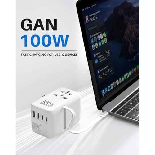 DOACE Universal Travel Adapter, 100W GaN 3.0 International Power Adapter with Built-in USB-C Cable, 6 in 1 Travel Adapter with 5 USB Ports, Plug Adapter Worldwide for EU/UK/USA/AUS(White)