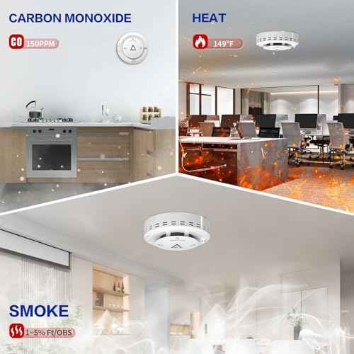 Smoke and Carbon Monoxide and Heat Detector 3-in-1 CO/Smoke/Temp Alarm 10-Year Battery, 85dB Voice Alert, Explosion-Proof ABS, Easy Installation Home Safety Device (Includes AA Batteries)