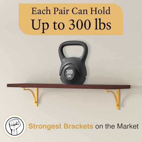 Classic Brass Heavy Duty Shelf Brackets 12 inch by Balin Designs ? Gold L Bracket, Wall Mounted Support, Shelving Metal Bracket, Decorative Shelf Brackets, with Hardware Included, Set of 2