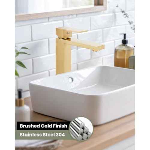 gotonovo Vessel Sink Faucet Single Handle Tall Bathroom Faucet One Hole Modern Lavatory Vanity Basin Mixer Tap Matching Supply Hoses and Pop up Drain Without Overflow, Brushed Gold