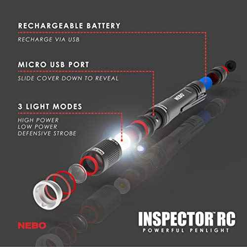 NEBO INSPECTOR RC Pen Light | 360 Lumens, 3 Light Modes, Rechargeable & AAA Battery Powered LED Flashlight, Waterproof, Compact & Durable, Pocket Clip for EDC, Includes USB Charging Cable