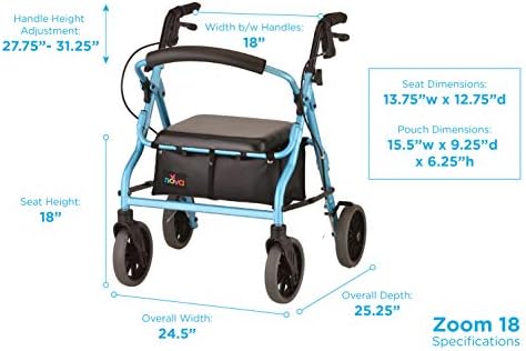 NOVA Medical Products Zoom Rollator Walker with 8" Seat Height, Sky Blue, Diamond Blue, 18 Inch, 1 Count