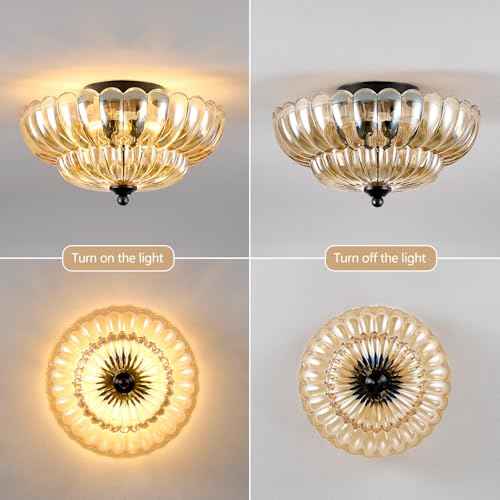 Modern Black Ceiling Light Fixture, 12" Amber Glass Flush Mount Chandeliers, Semi Flush Mount Ceiling Light Fixture Suitable for Living Room Hallway Kitchen Bedroom