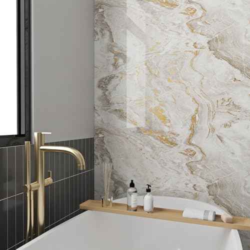 Livelynine Glossy Gold White Marble Contact Paper Waterproof Glossy Marble Countertop Peel and Stick Countertops Kitchen Counter Top Vinyl Desk Wrap Cover Self Adhesive Wallpaper Desk Table 15.8x78.8