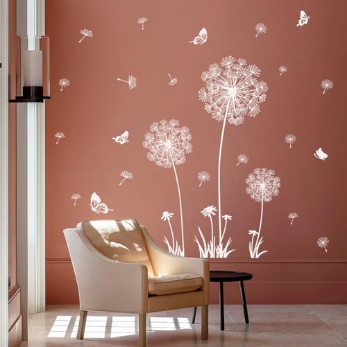 Joyartu 2 Sheets Dandelion Wildflower Wall Decals Art,Flower Stickers, Murals with Butterflies, Removable DIY Sticker Decals for Bedroom Living Room Nursery Classroom Playroom (White)