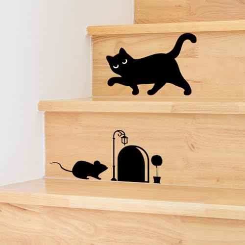 Generic 2 Sheets Black Cat Mouse & Hole Stair Stickers Remove Mouse Hole Wall Decals for Bedroom Living Room Background Home Decor Waterproof Wall Stickers Decorations