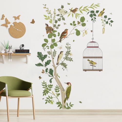 Removable Tree Bracnch Wall Decal Fresh Plant Leaves Wall Sticker Birds and Hanging Birdcage Wall Decor for Kids Girls Baby Boys Bedroom Living Room Bathroom Playroom Classroom Nursery Decoration