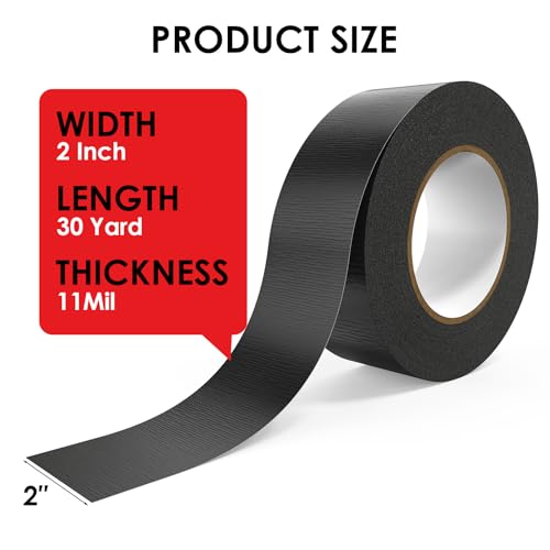 Black Duct Tape Heavy Duty - 2 Inch x 30 Yard, Strong Adhesive and No Residue, Waterproof Duct Tape Tearable for Indoor or Outdoor Seal and Patch Projects, Multi Purpose Repairs
